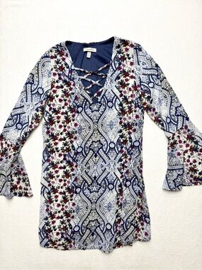 Speechless Blue and White Long Sleeve Dress
